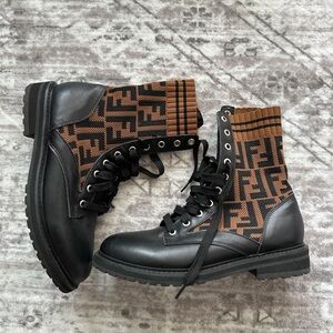 Fendi Black and Brown Logo Combat Boots